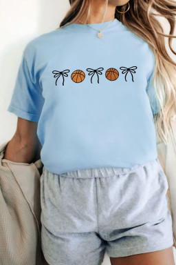 Light Blue Basketball Bow Embroidered Womens T Shirt