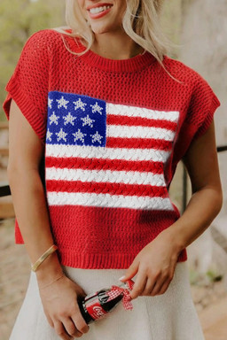 Fiery Red Flag Graphic Short Sleeve Sweater Top