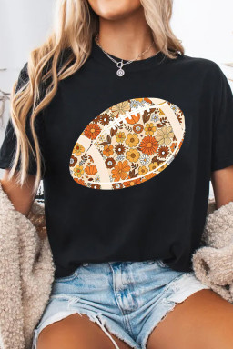 Black Retro Floral Rugby Football Printed T Shirt