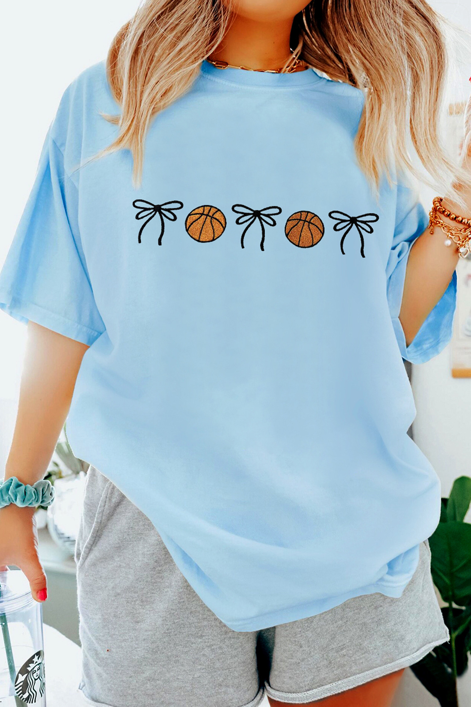 Light Blue Basketball Bow Embroidered Womens T Shirt