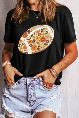 Black Retro Floral Rugby Football Printed T Shirt