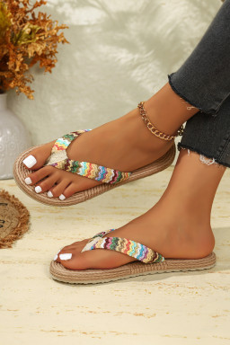 Khaki Bohemian Vacation Straw Woven Rainbow Strap Flip Flops