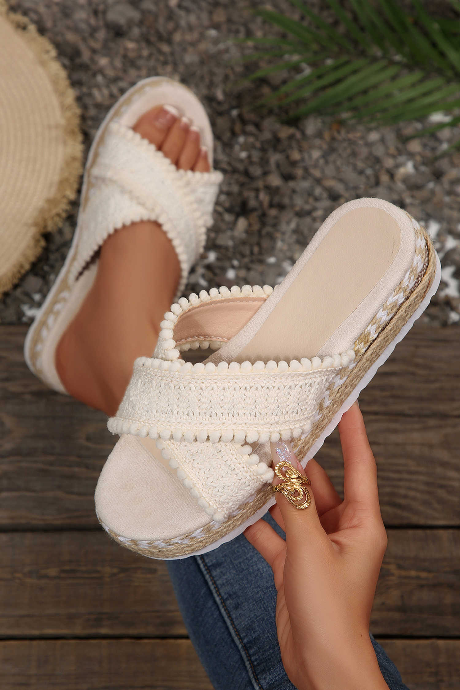 White Pompom Knit Platform Slide Slippers