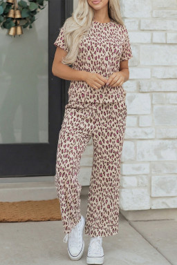 Pink Leopard Print Casual Tee and Pants 2pcs Outfit