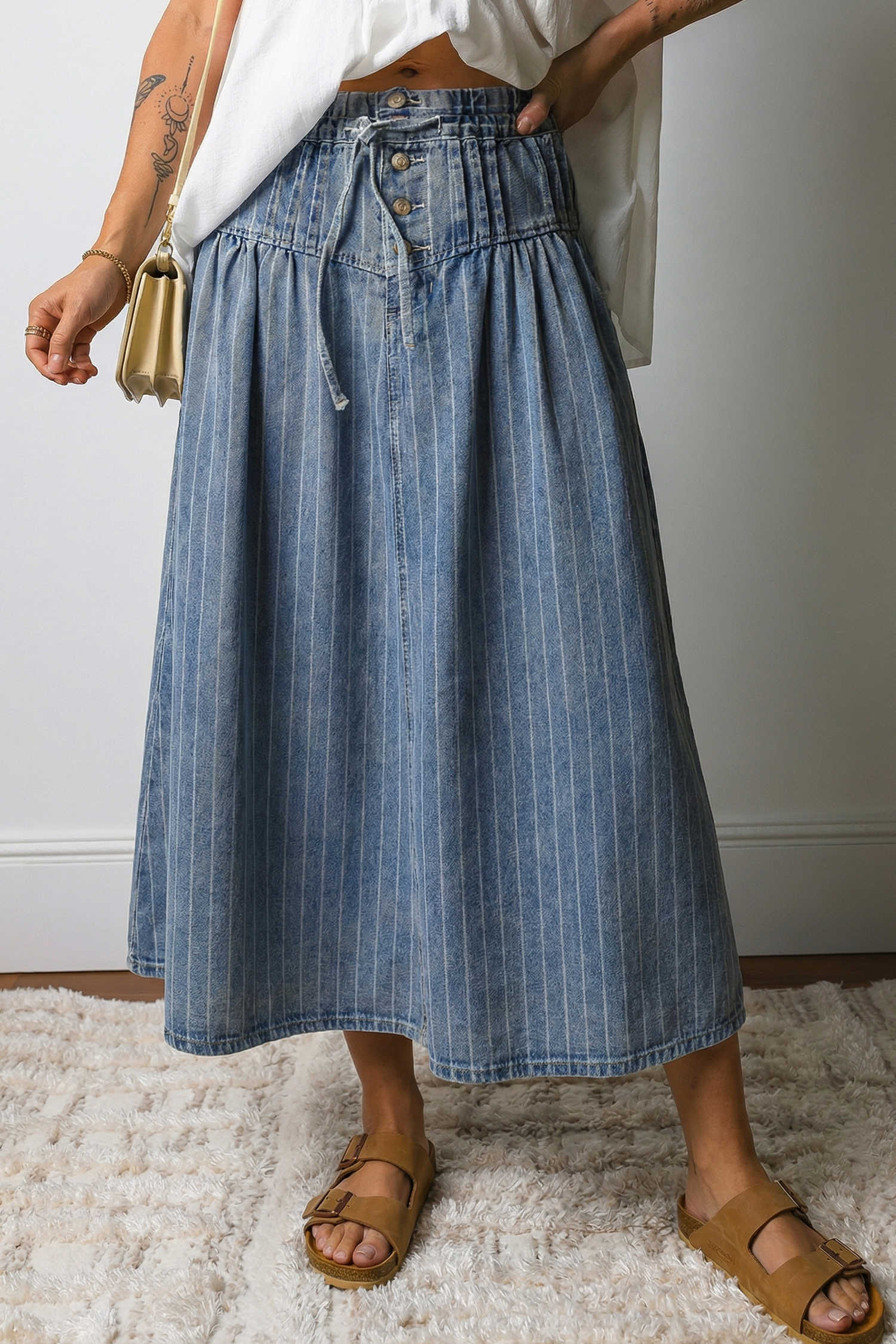 Sky Blue Stripe Button Pintuck High Waist Drawstring Denim Midi Skirt