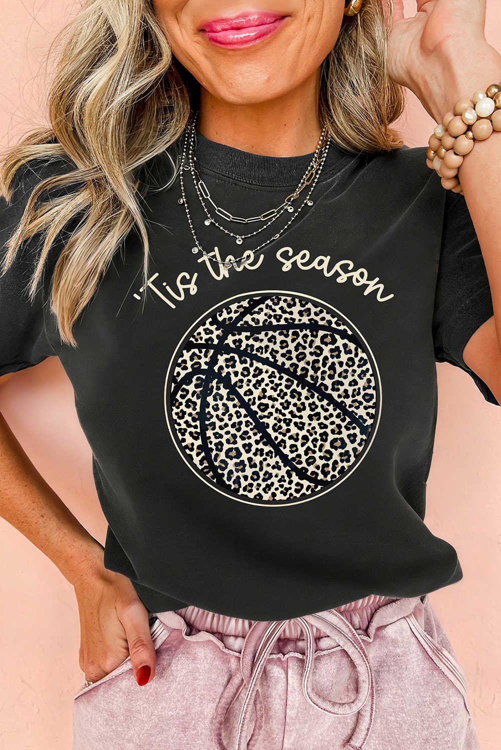 Black Leopard Basketball Printed Crew Neck Tee