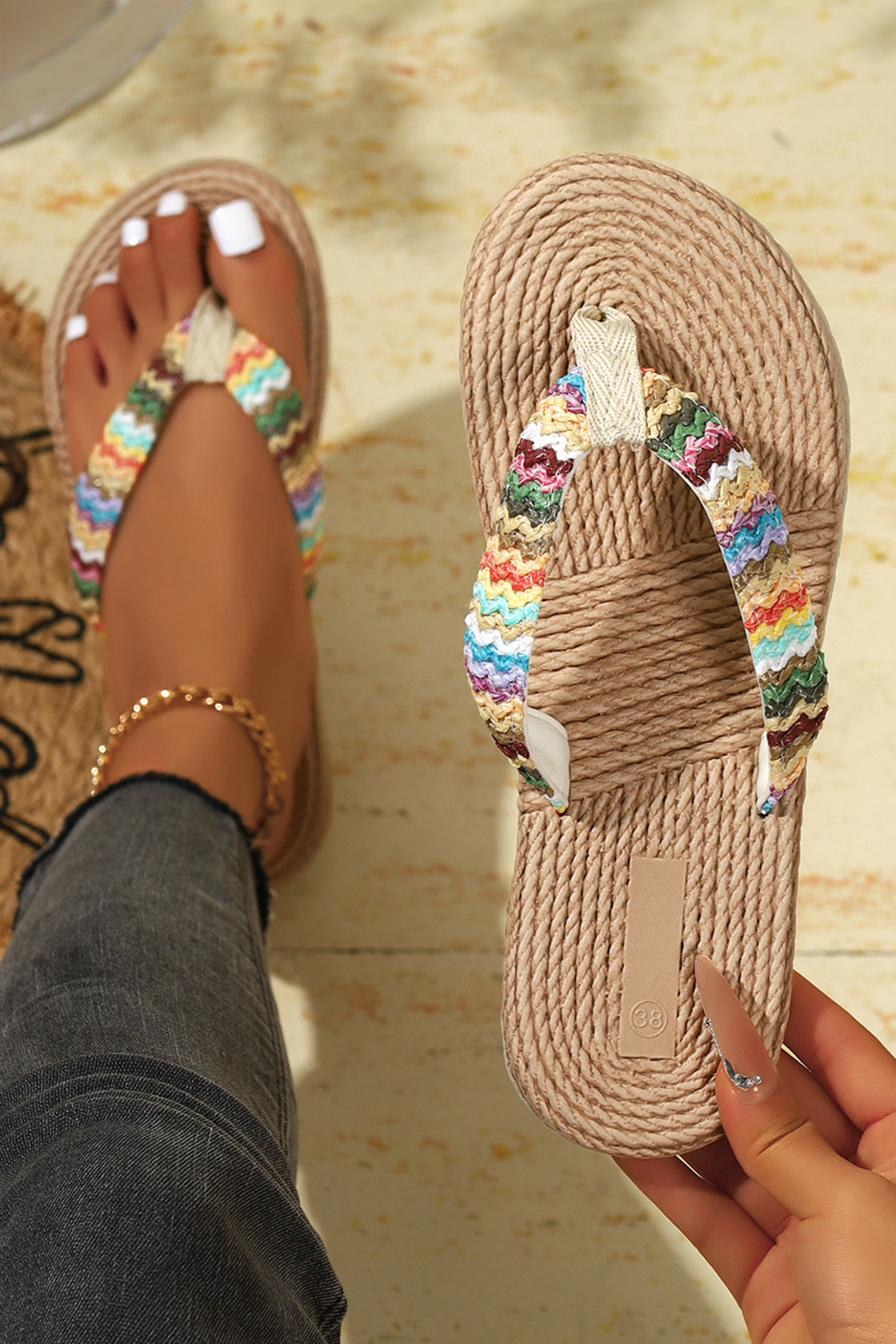 Khaki Bohemian Vacation Straw Woven Rainbow Strap Flip Flops