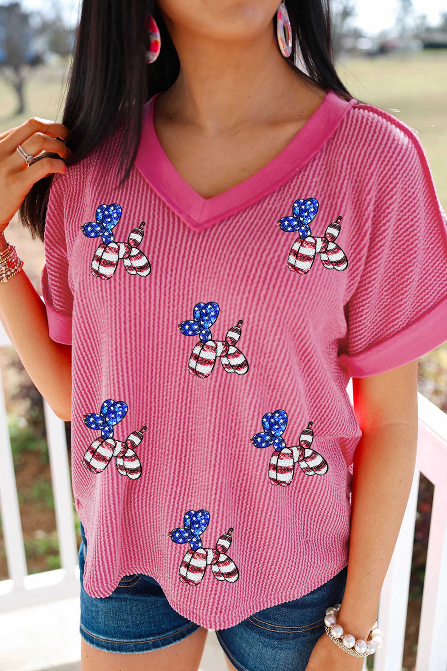 Rose Red Twisted Rib Sequin Patriotic Balloon Dog V Neck Tee
