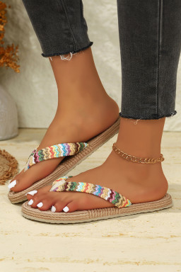 Khaki Bohemian Vacation Straw Woven Rainbow Strap Flip Flops
