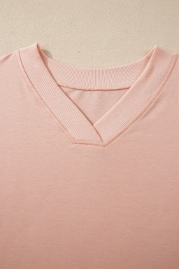 Apricot Pink Solid Color V Neck Tee Drawstring Pant Set