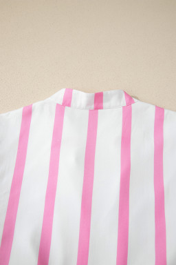 Pink Stripe Plus Size V Neck Short Puff Sleeve Tiered Maxi Dress
