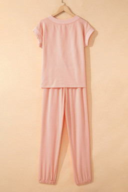 Apricot Pink Solid Color V Neck Tee Drawstring Pant Set