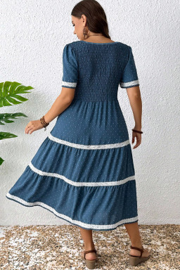 Dusk Blue Plus Size V Neck Swiss Dot Lace Patchwork Detail Flared Midi Dress