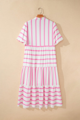 Pink Stripe Plus Size V Neck Short Puff Sleeve Tiered Maxi Dress