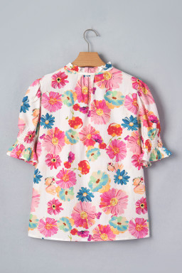 Beige Vibrant Summer Floral Tie V Neck Short Puff Sleeve Blouse