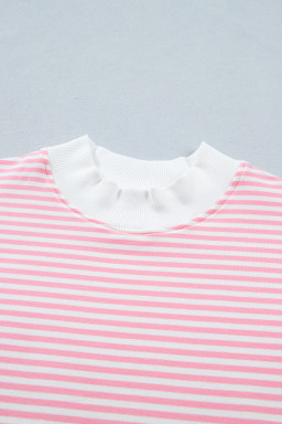 Pink Stripe Cuffed Sleeve Contrast Mock Neck Tee Casual 2pcs Short Set