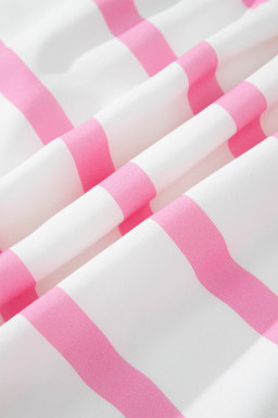 Pink Stripe Plus Size V Neck Short Puff Sleeve Tiered Maxi Dress
