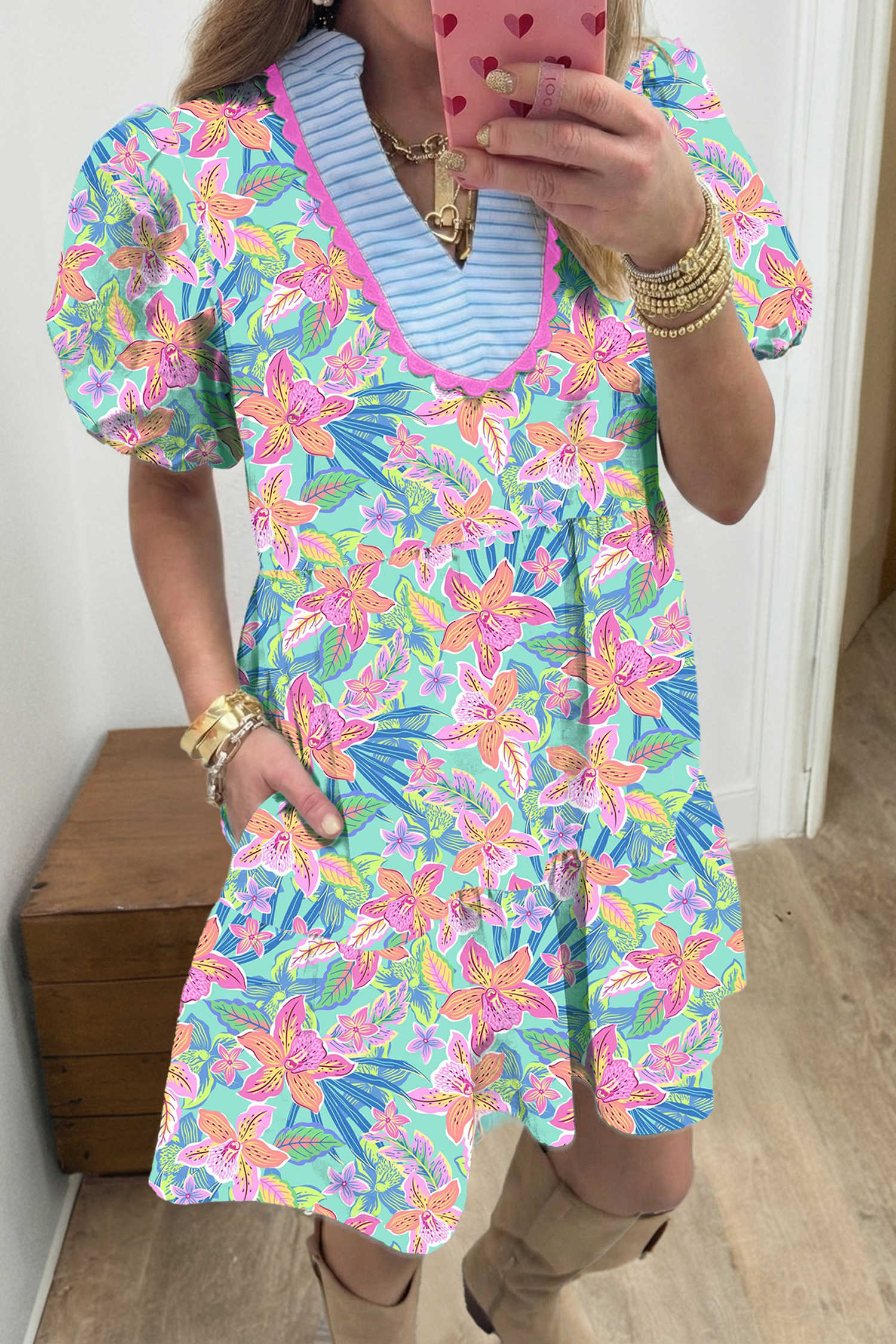 Multicolour Floral Print Contrast Scallop Striped Trim V Neck Dress