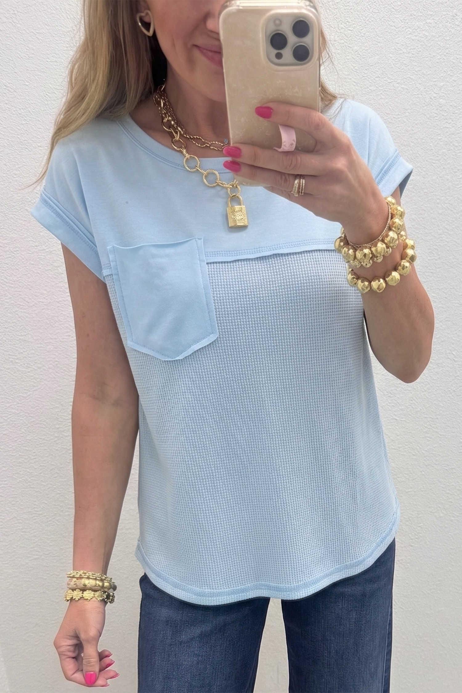 Light Blue Solid Color Raw Seam Waffled Patchwork Casual T Shirt