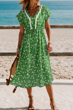 Green Abstract Print Embroidered Trim V Neck Drawstring High Waist Loose Vacation Dress