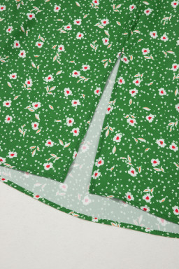 Green Abstract Print Embroidered Trim V Neck Drawstring High Waist Loose Vacation Dress