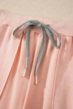 Apricot Pink Solid Color V Neck Tee Drawstring Pant Set