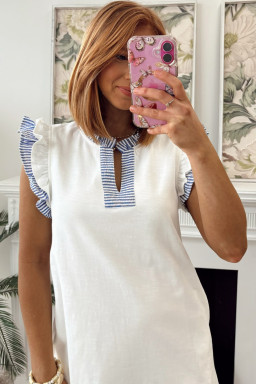White Contrasted Striped Patchwork Split Neck Ruffle Trim Sleeveless Dress