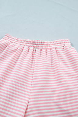 Pink Stripe Cuffed Sleeve Contrast Mock Neck Tee Casual 2pcs Short Set