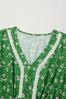 Green Abstract Print Embroidered Trim V Neck Drawstring High Waist Loose Vacation Dress