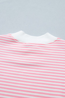 Pink Stripe Cuffed Sleeve Contrast Mock Neck Tee Casual 2pcs Short Set