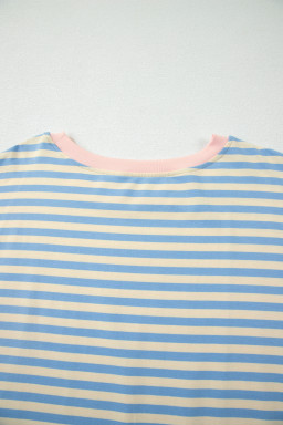 Sky Blue Stripe Plus Size Drop Shoulder Contrast Trim Round Neck Tee