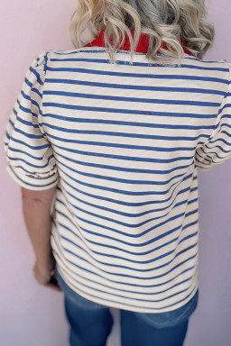 Blue Stripe Short Puff Sleeve Color Block Polo Collar Blouse