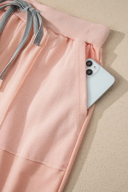 Apricot Pink Solid Color V Neck Tee Drawstring Pant Set