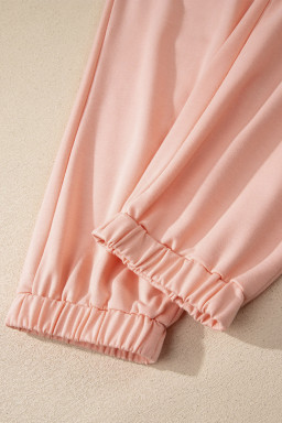 Apricot Pink Solid Color V Neck Tee Drawstring Pant Set