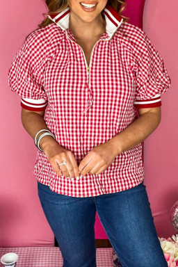 Red Textured Gingham Striped Patchwork Half Zip Blouse