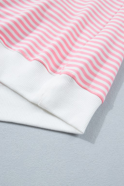 Pink Stripe Cuffed Sleeve Contrast Mock Neck Tee Casual 2pcs Short Set