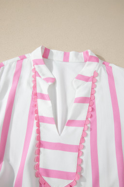 Pink Stripe Plus Size V Neck Short Puff Sleeve Tiered Maxi Dress