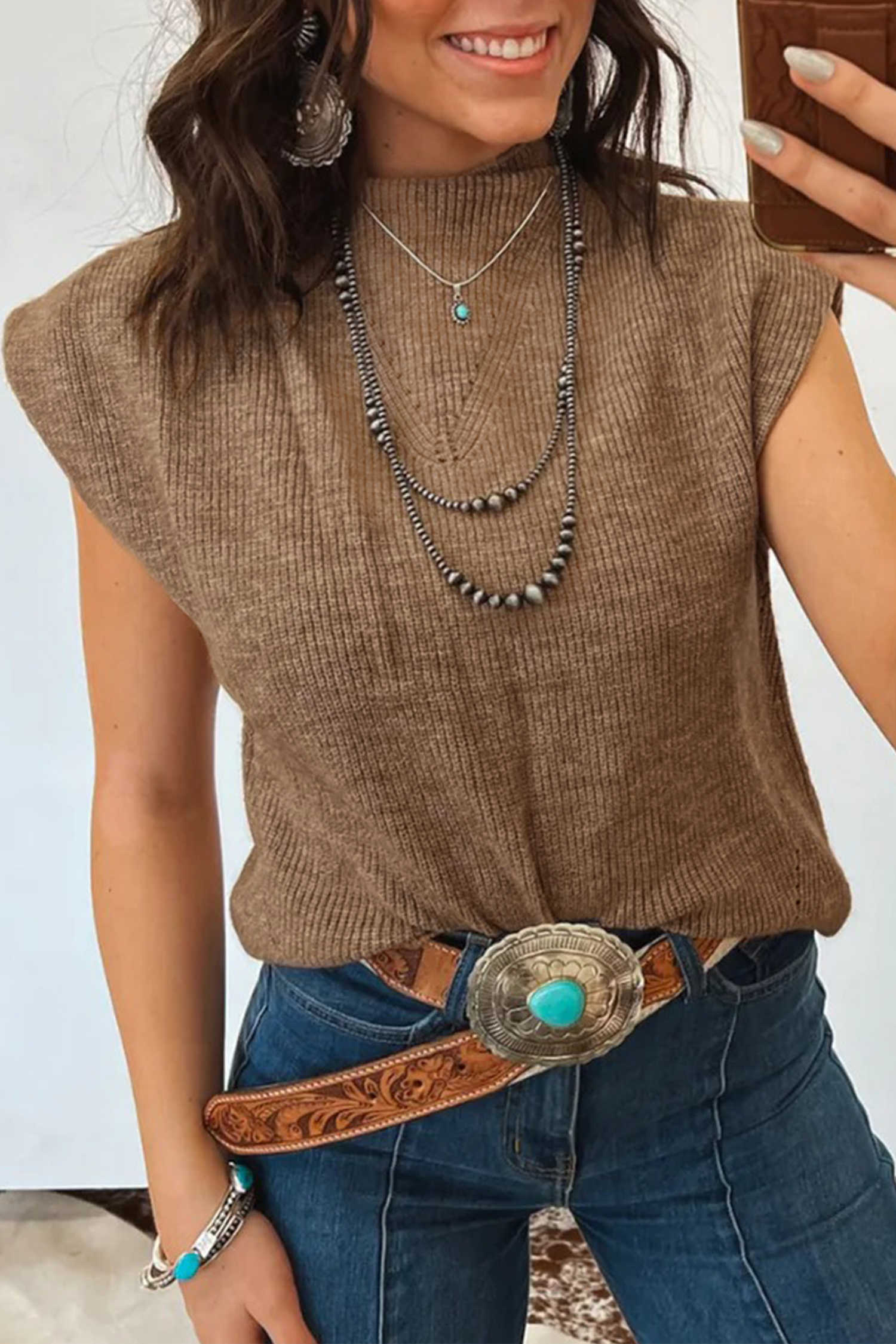 Light French Beige Solid Color Ribbed Knit Mock Neck Loose Sleeveless Sweater