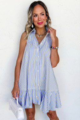 Sky Blue Stripe Shirt Collar Shirred Detail Ruffle Hem Sleeveless Dress