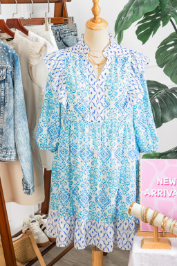 Sky Blue Boho Floral Geometric Patchwork Ruffle Detail Puff Sleeve Mini Dress
