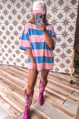 Bright Pink Striped Color Block Oversize Tunic Tee
