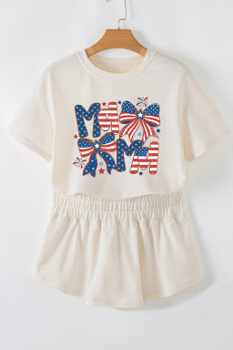 Beige Coquette Bow Patriotic MAMA Printed Crop Top Ruffle Skort Set