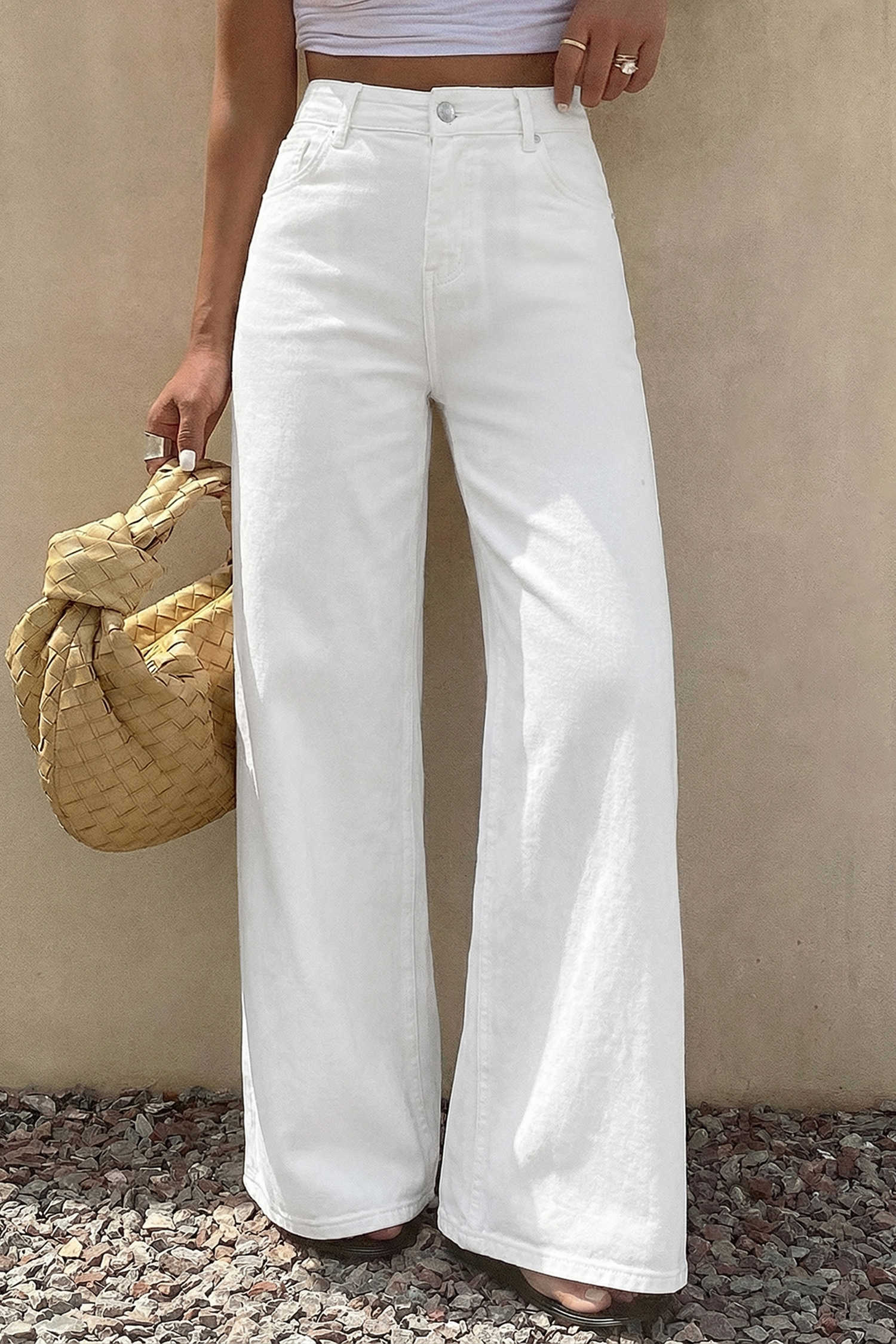 White Solid Color Loose Casual Jeans
