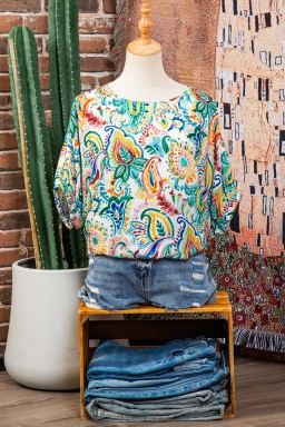 Green Boho Paisley Floral Printed Puff Sleeve Blouse
