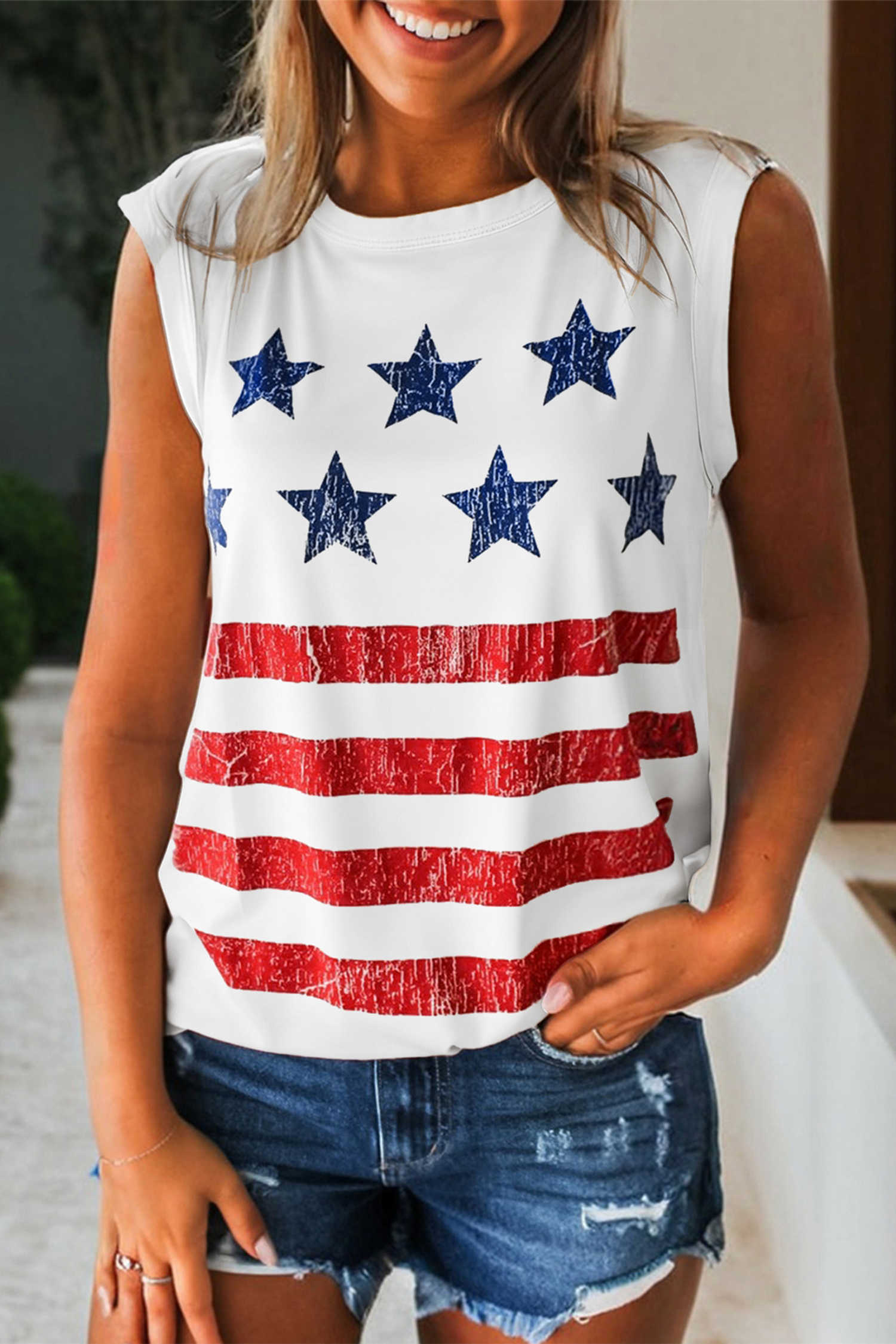 White Vintage Stars and Stripes Printed Casual Tank Top