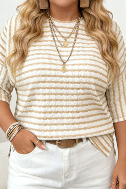 Apricot Stripe Plus Size Textured Patchwork Detail Half Sleeve Top