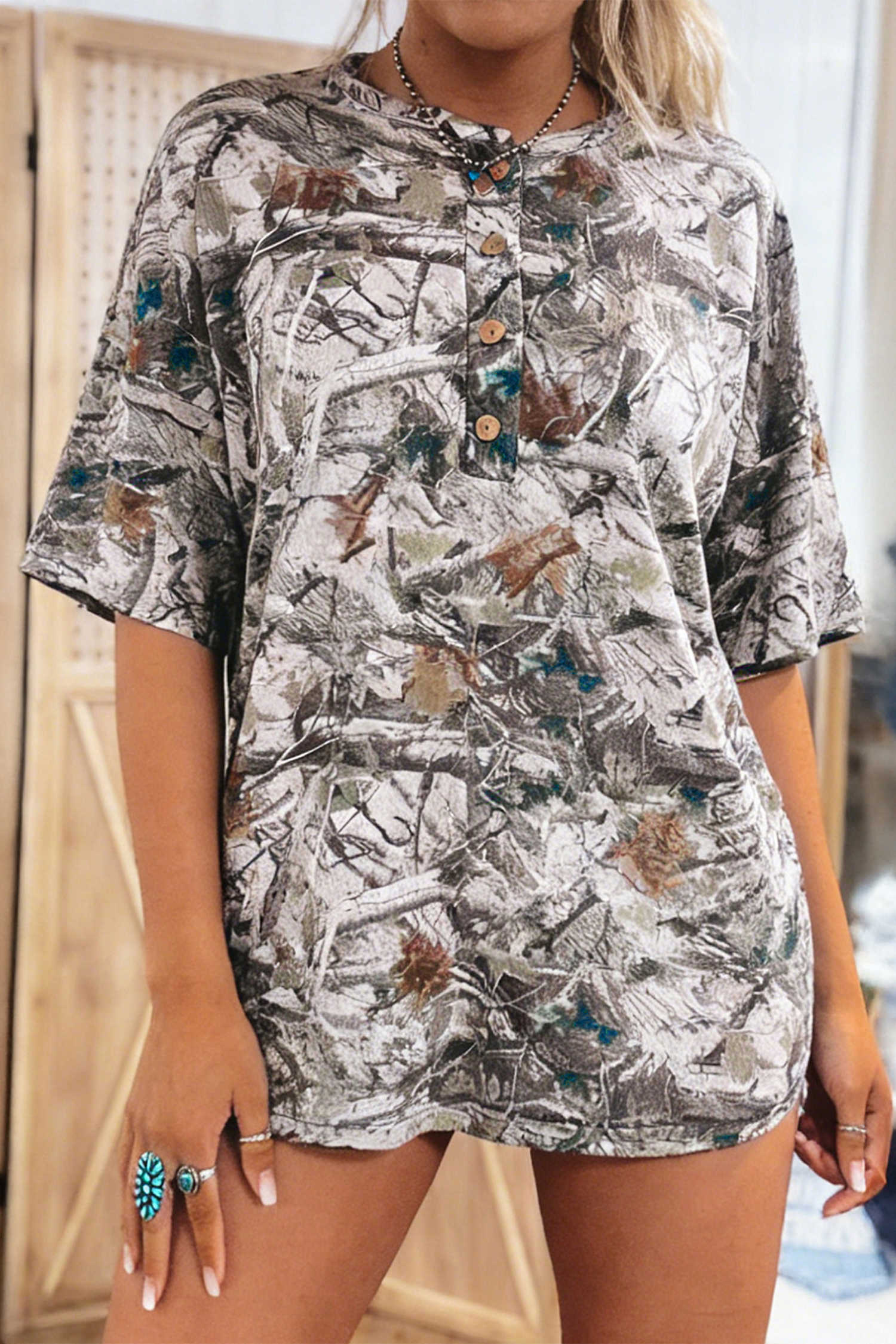 Gray Abstract  Woodland Print Tunic Henley T Shirt