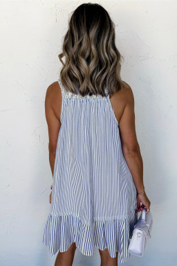 Sky Blue Stripe Shirt Collar Shirred Detail Ruffle Hem Sleeveless Dress