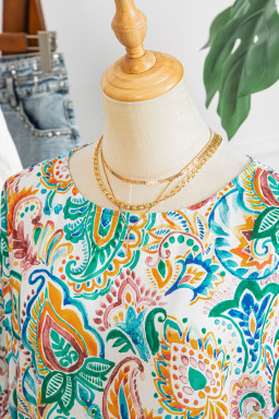 Green Boho Paisley Floral Printed Puff Sleeve Blouse