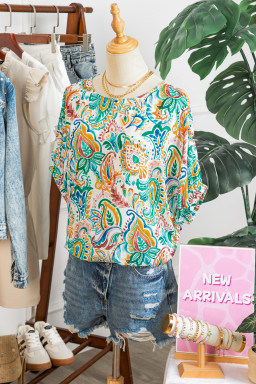 Green Boho Paisley Floral Printed Puff Sleeve Blouse
